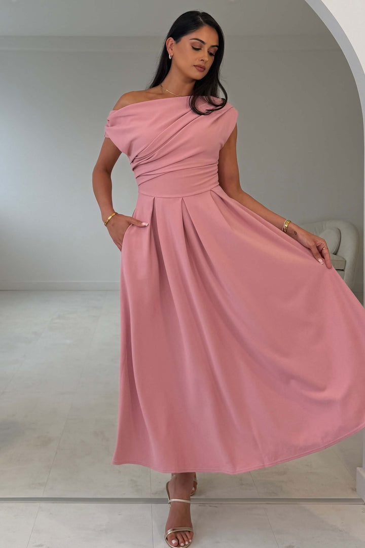 Dollie Asymmetric Neckline Skater Midi Dress Rose