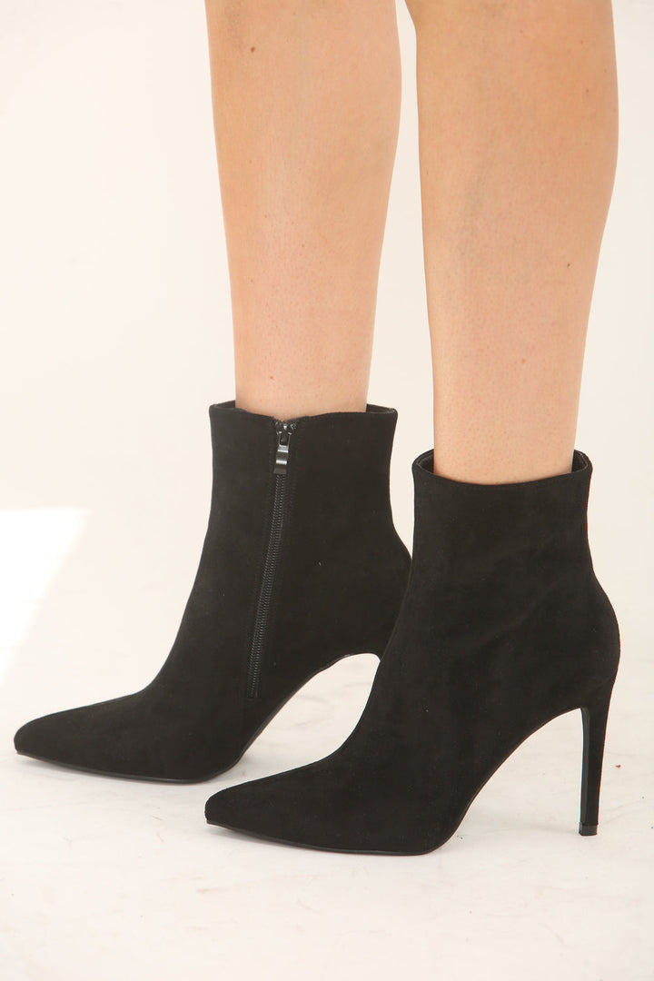 Cara Black Suede Pointed Toe Stiletto Ankle Boots