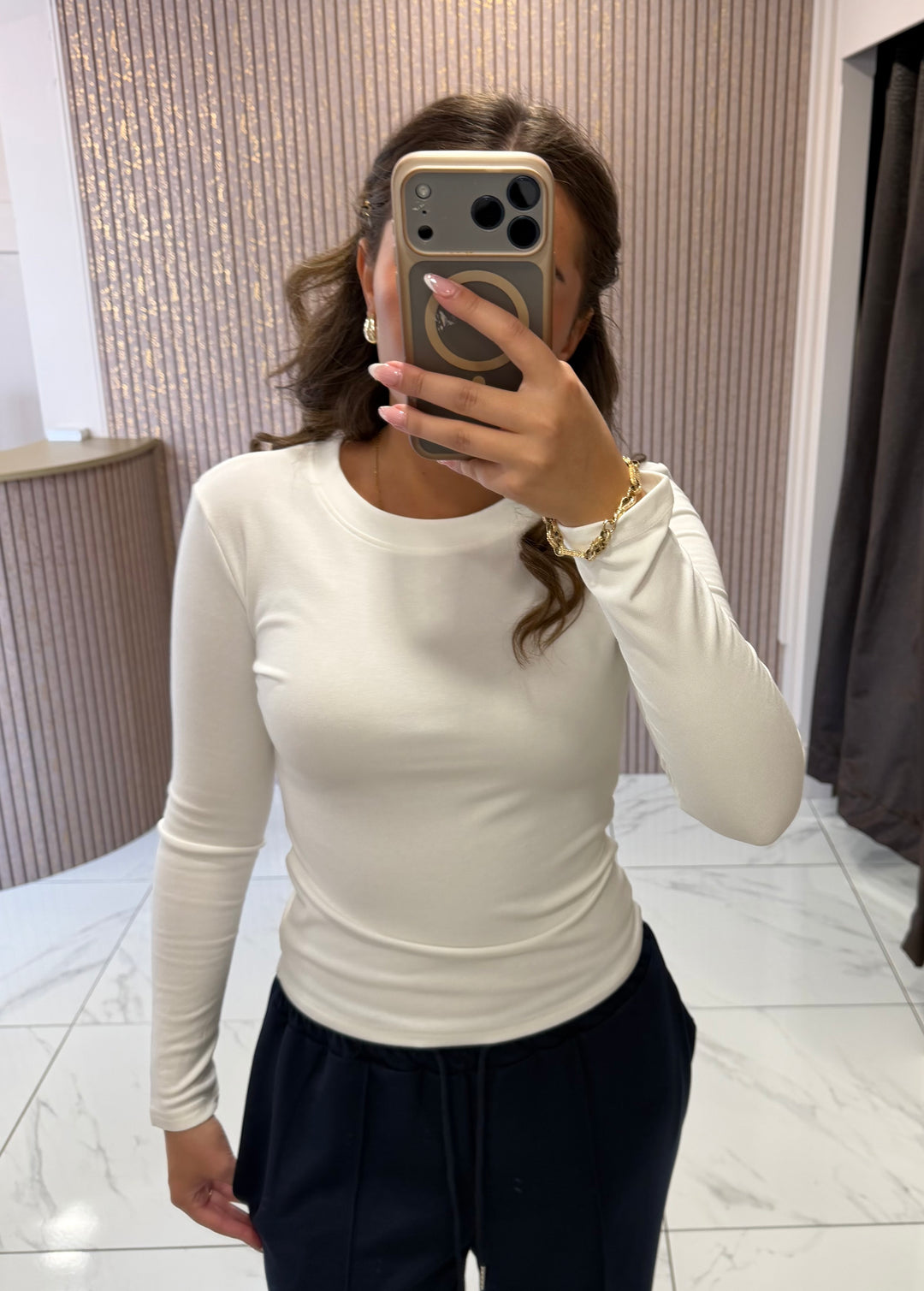 Trixie White Round Neck Cotton Long Sleeve Top