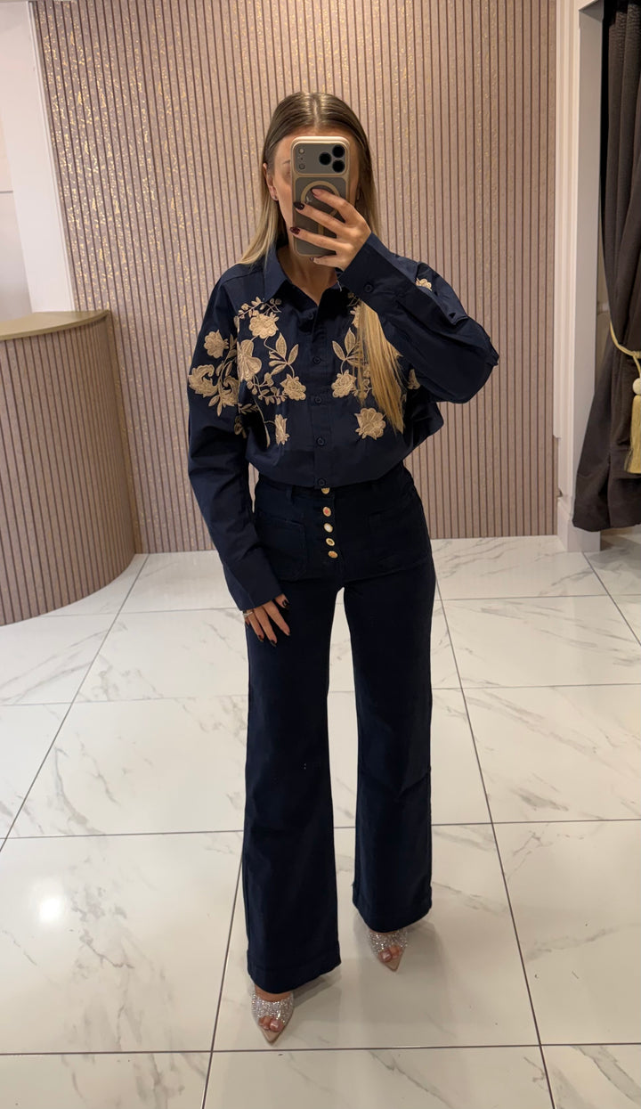 Betsy Navy Floral Embroidered Shirt/Blouse
