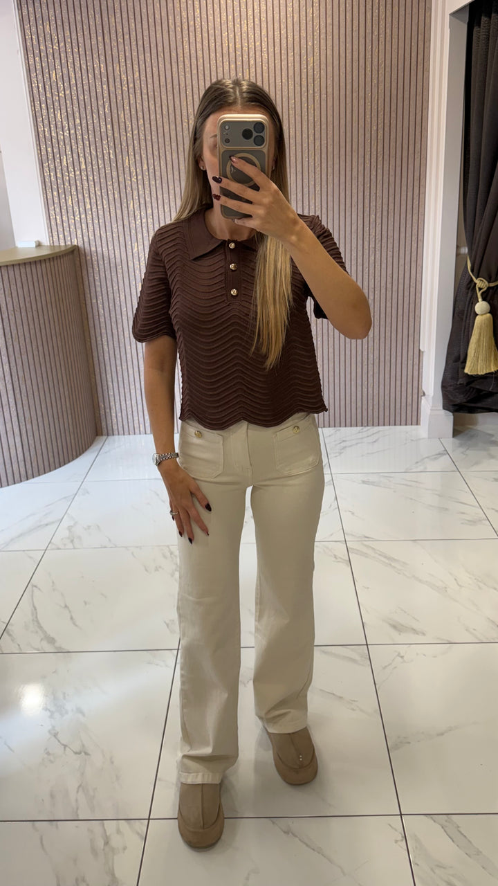 Callie Chocolate Scallop Fine Knit Button Top