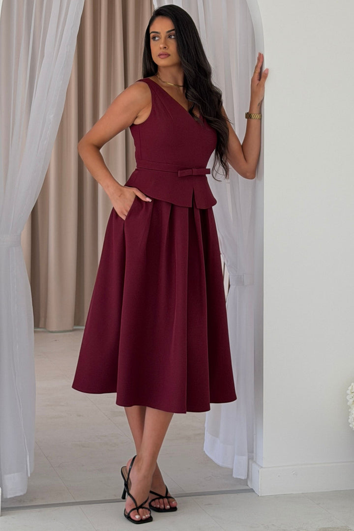 Pearl Bow Detail Midi Dress Berry