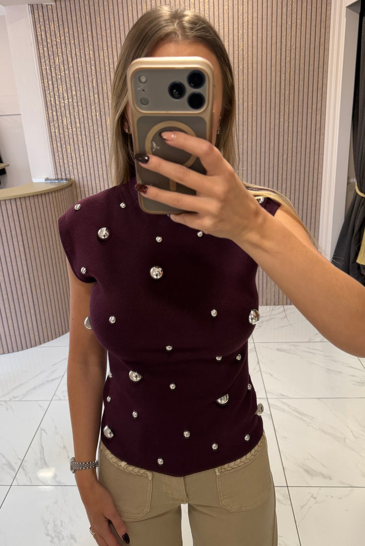 Erica Burgundy Stud Detail Fine Knit Top