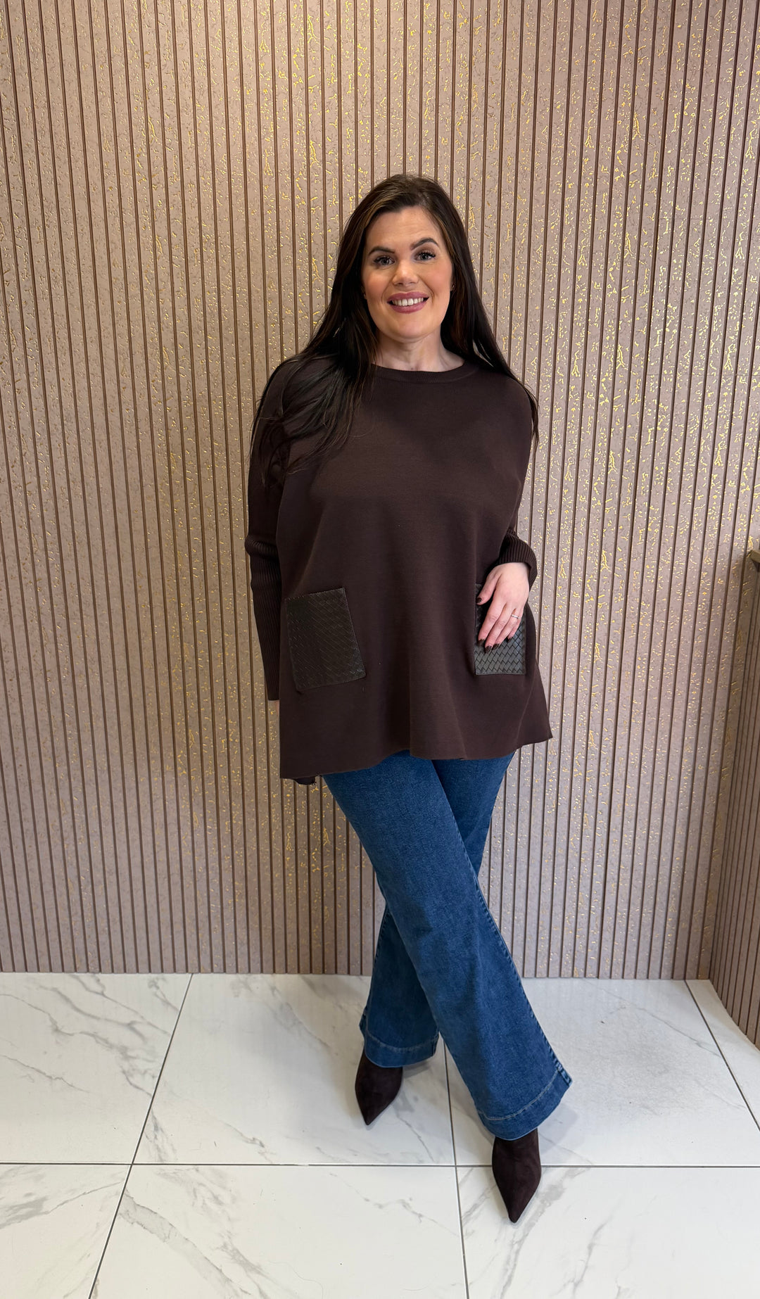 Blossom Brown PU Textured Pocket Jumper