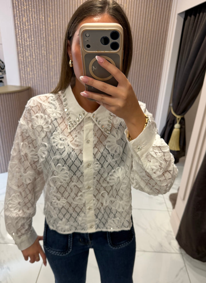 Dion White Crystal Embellished Blouse