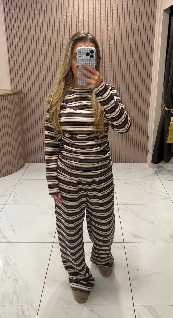 Chocolate &amp; Cream Striped Top &amp; Trouser Set