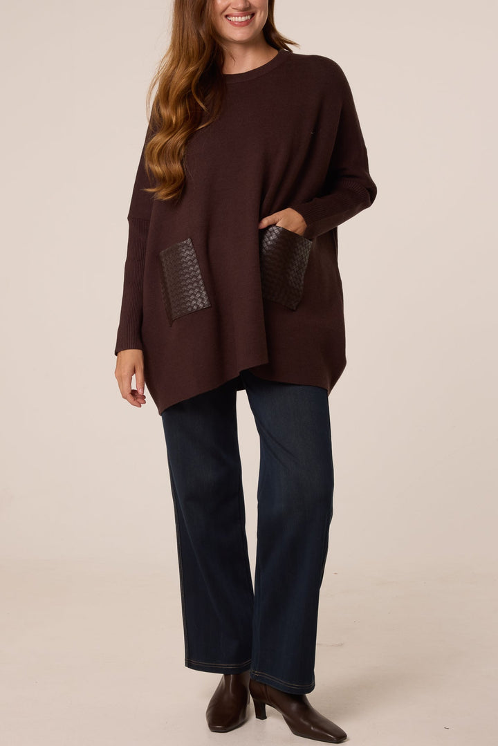 Blossom Brown PU Textured Pocket Jumper