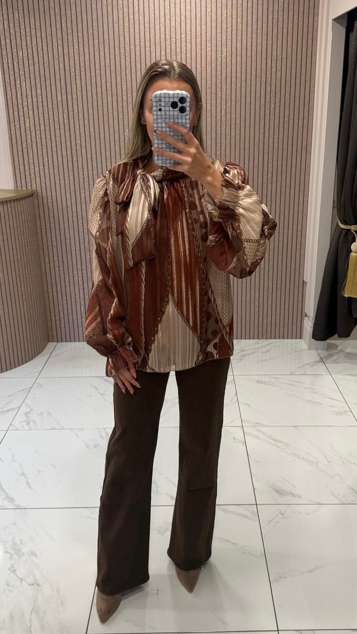 Patsy Camel Scarf Inspired Print Blouse