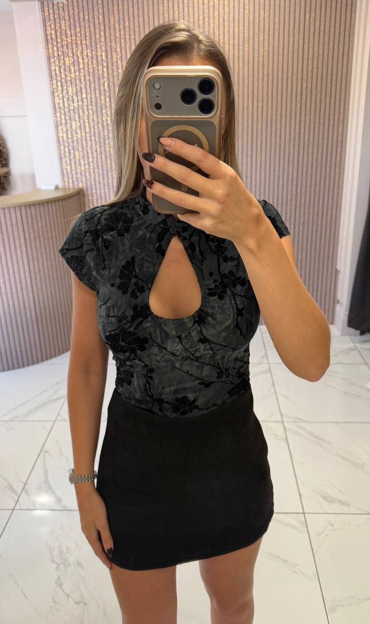 Maddie Black Textured Floral Print Top