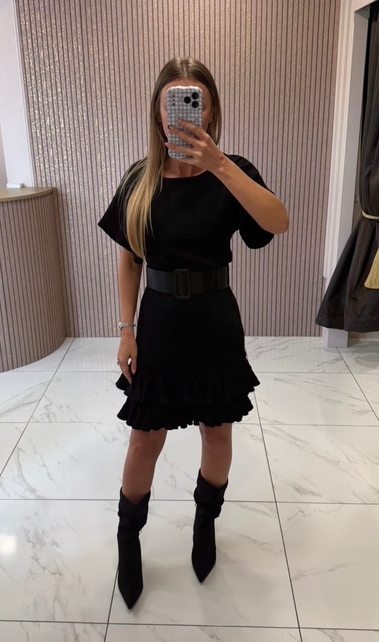 Eva Black Belted Ruffle Hem Knit Dress