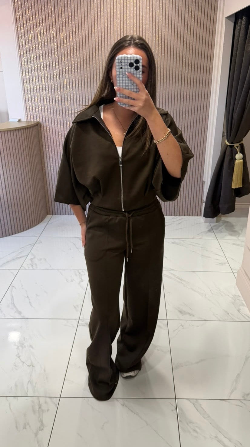 Orla Chocolate Zip Jacket &amp; Trousers Lounge Set/Co-ord