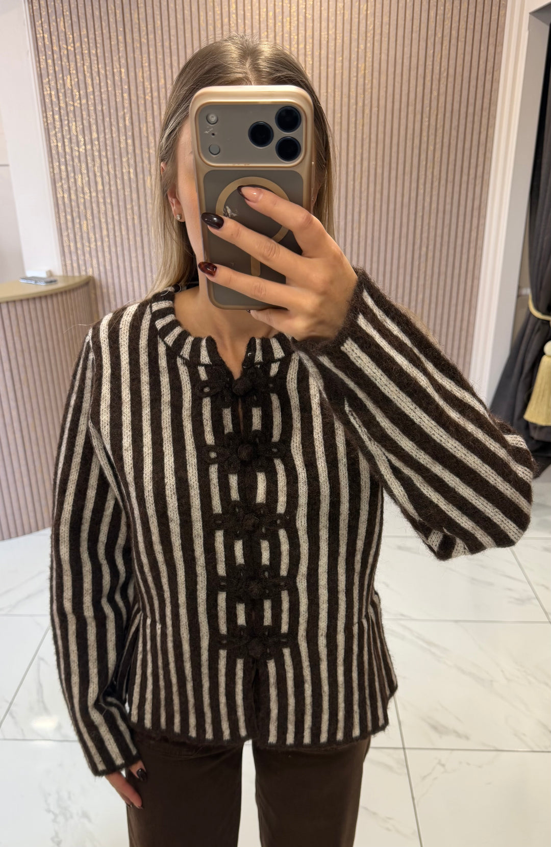 Alara Chocolate &amp; Cream Striped Cardigan/Jumper
