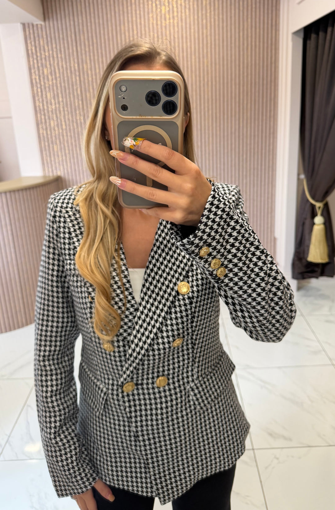 Helena Houndstooth Double Breasted Blazer With Gold Buttons