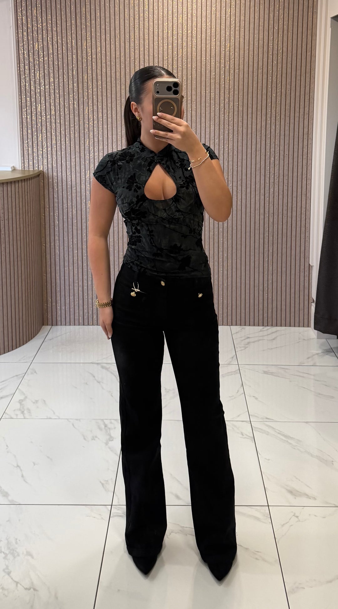 Tilly Black Front Pocket Gold Button Jeans