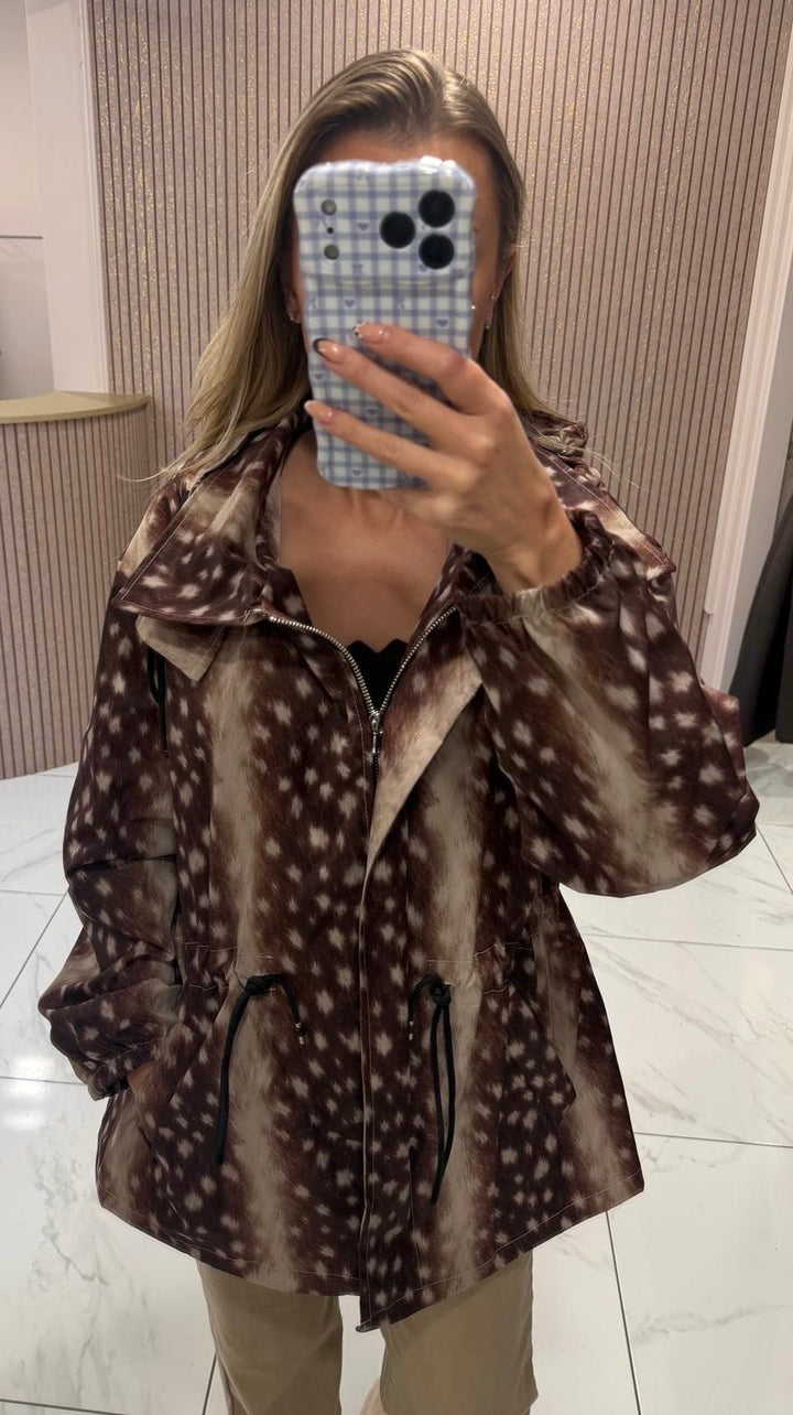 Libby Chocolate &amp; Cream Deer Print Coat/Jacket
