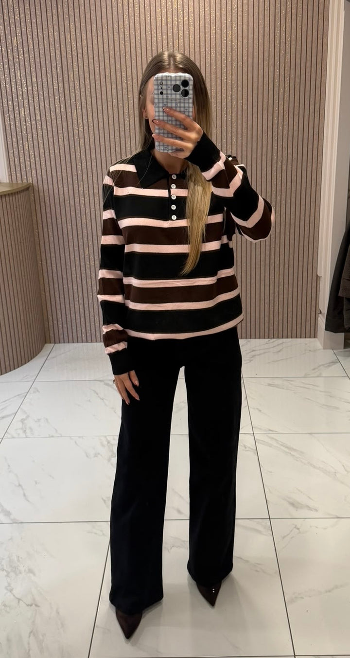 Erin Black, Pink &amp; Chocolate Striped Button Up Knit Jumper