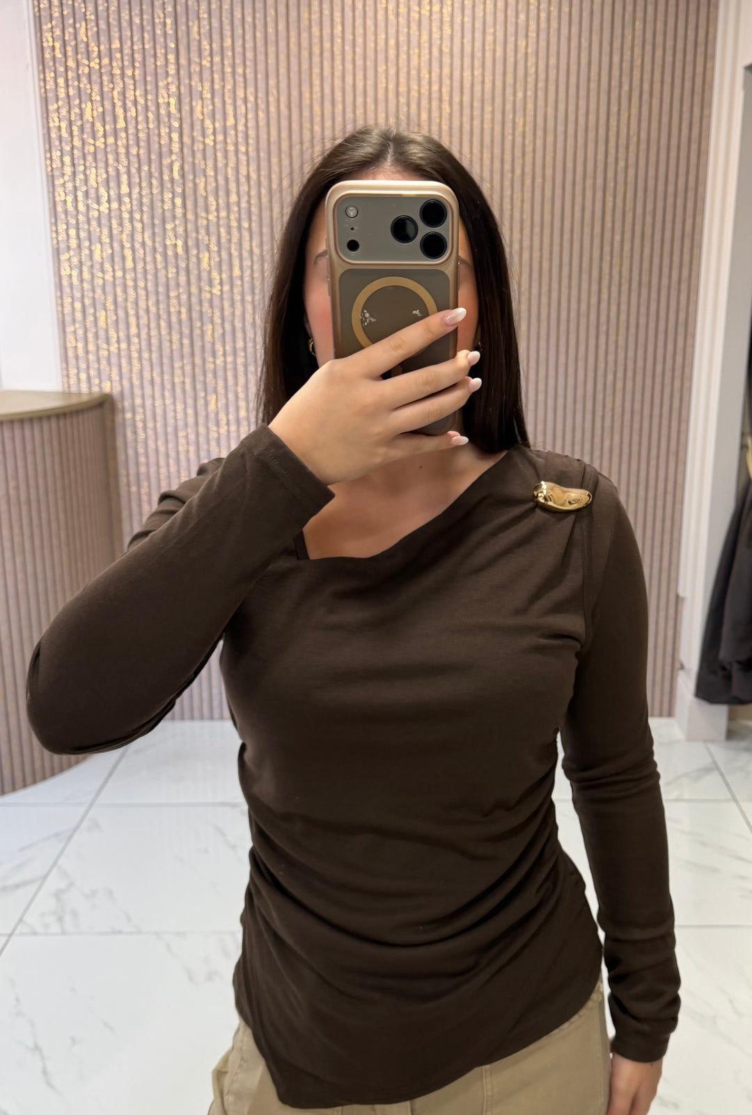 Lianne Chocolate Gold Buckle Drape Top