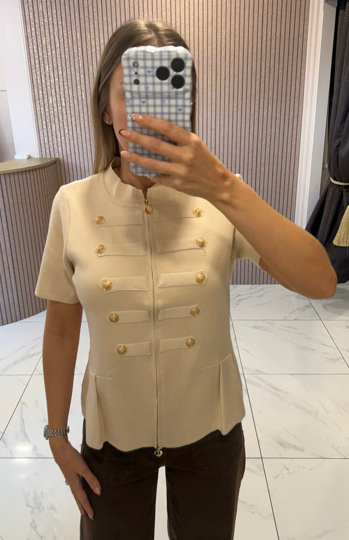 Amber Cream Zip Up Gold Statement Button Knit Top