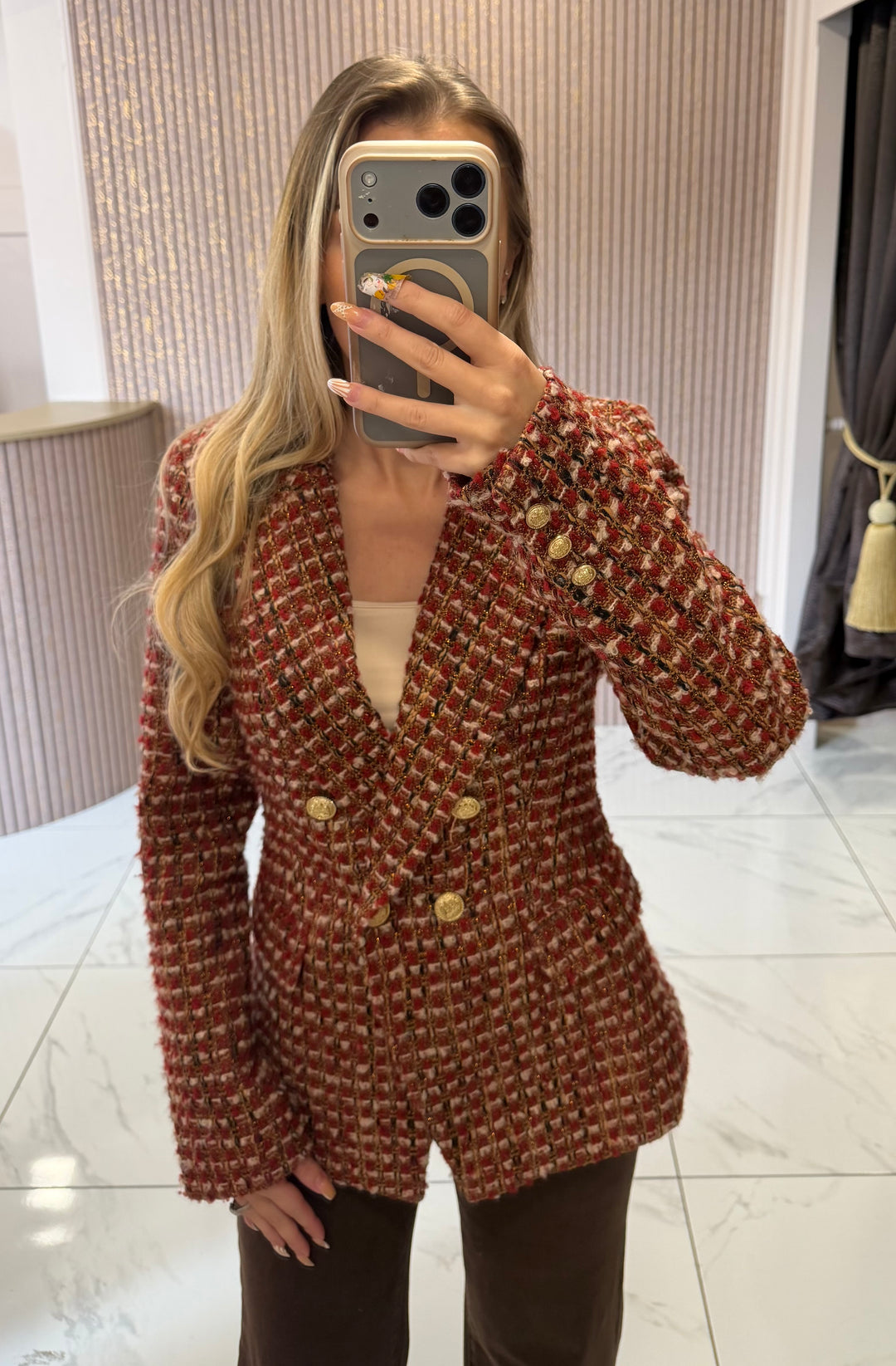 Joanna Wine/Burgundy Tweed Blazer With Gold Buttons
