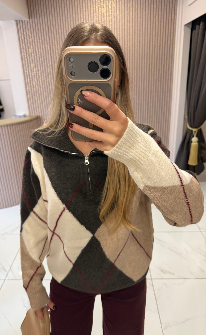 Annie Argyle Zip Up Knit Jumper