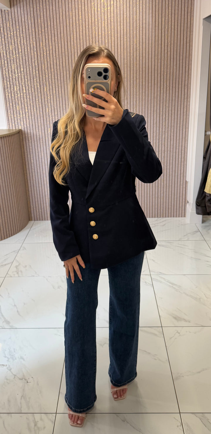 Charlotte Navy Structured Blazer With Gold Buttons