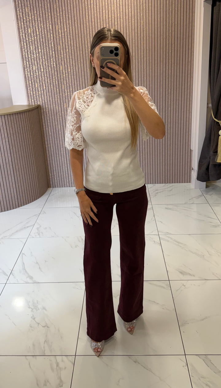 Freya Cream Fine Knit Lace Sleeve Top