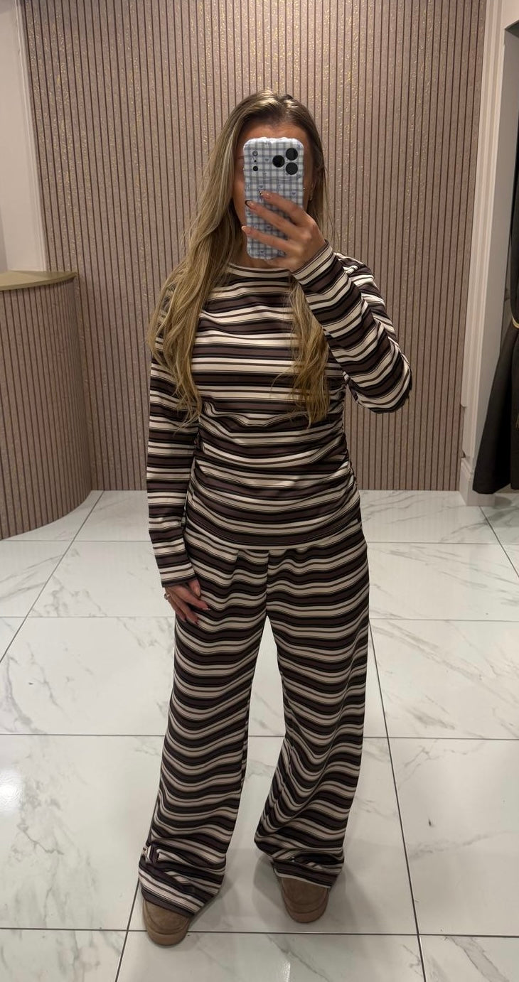 Chocolate &amp; Cream Striped Top &amp; Trouser Set