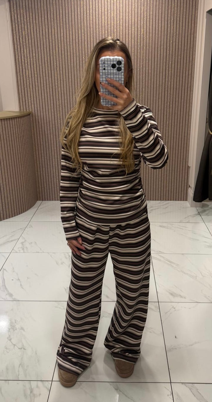 Chocolate &amp; Cream Striped Top &amp; Trouser Set