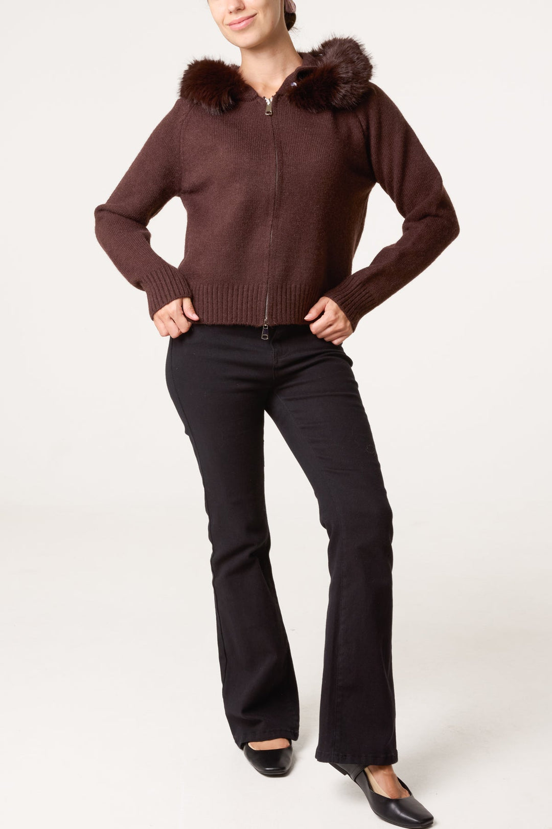 Eliza Chocolate Faux Fur Hooded Zip Up Cardigan