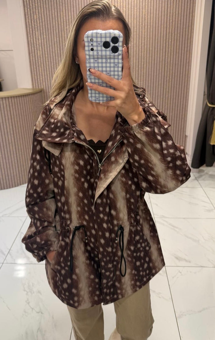 Libby Chocolate &amp; Cream Deer Print Coat/Jacket