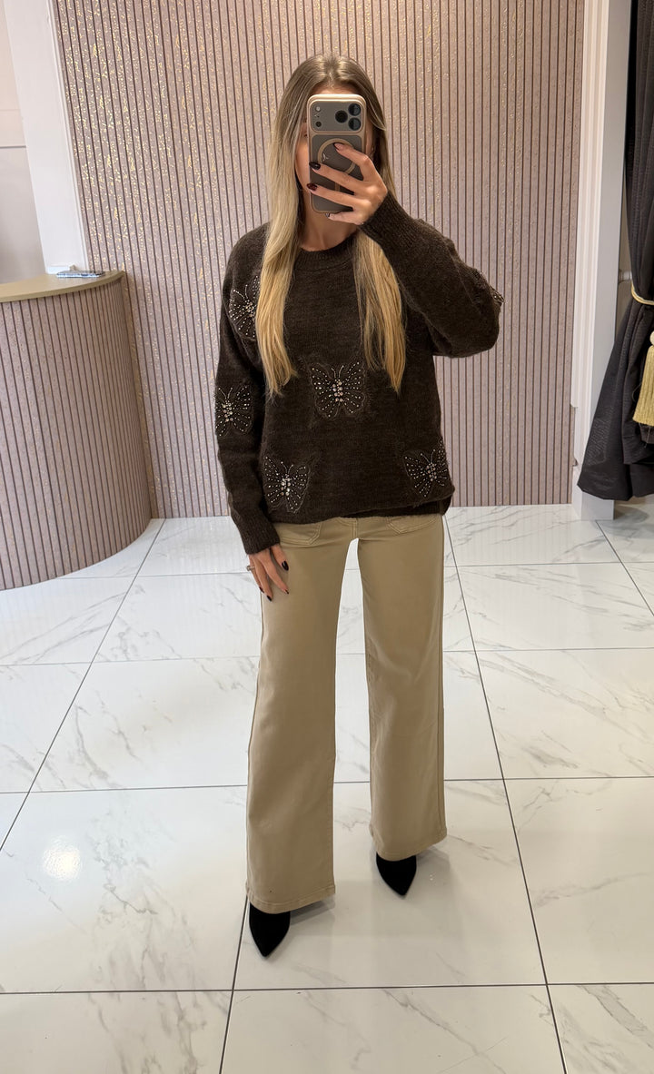 Nessa Butterfly Embellished Chocolate Knit Jumper
