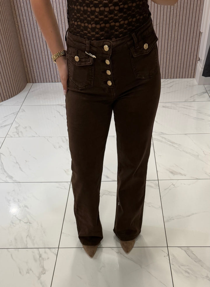 Kate Chocolate Front Pocket Gold Button Jeans