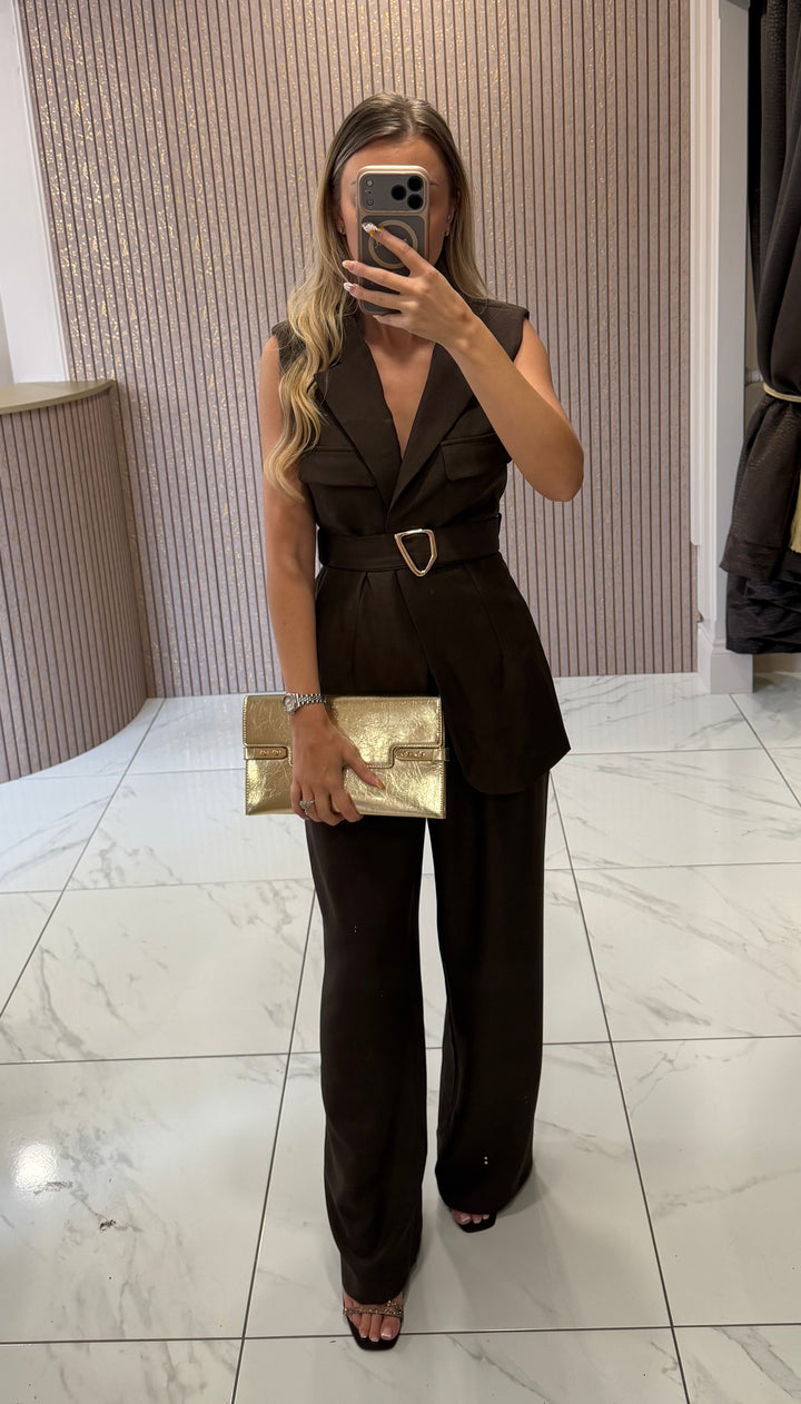 Mila Chocolate Waistcoat Top &amp; Trouser Co Ord Set