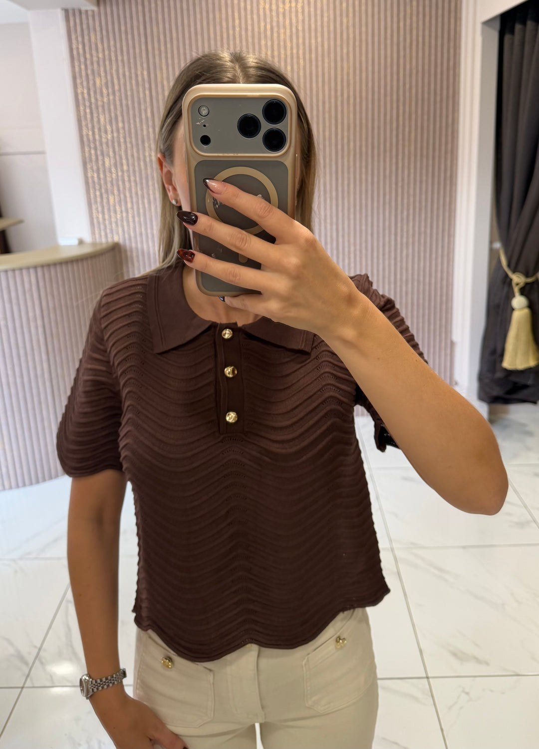 Callie Chocolate Scallop Fine Knit Button Top
