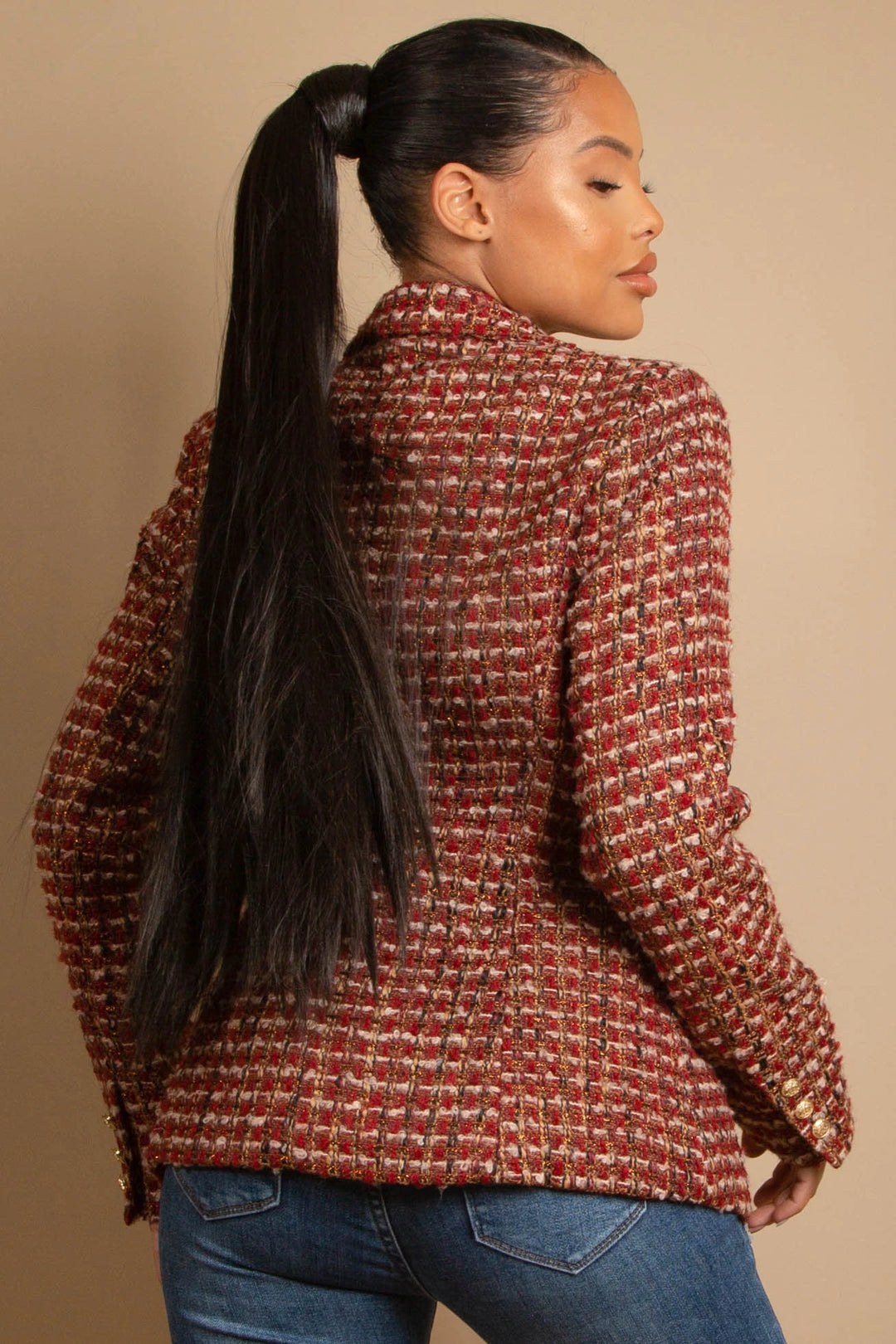 Joanna Wine/Burgundy Tweed Blazer With Gold Buttons