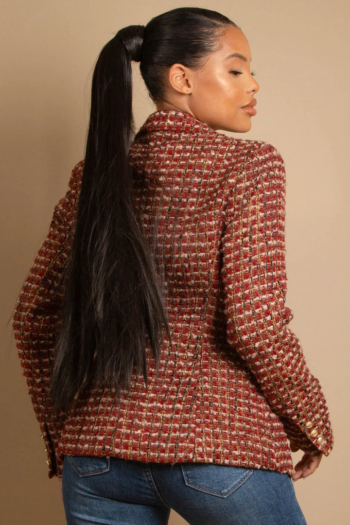 Joanna Wine/Burgundy Tweed Blazer With Gold Buttons