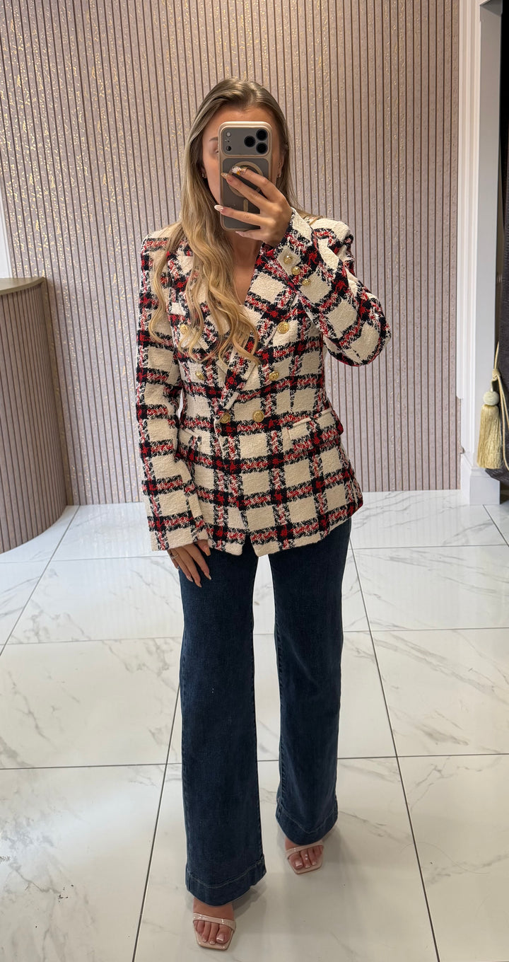 Grace Red Tweed Blazer With Gold Buttons