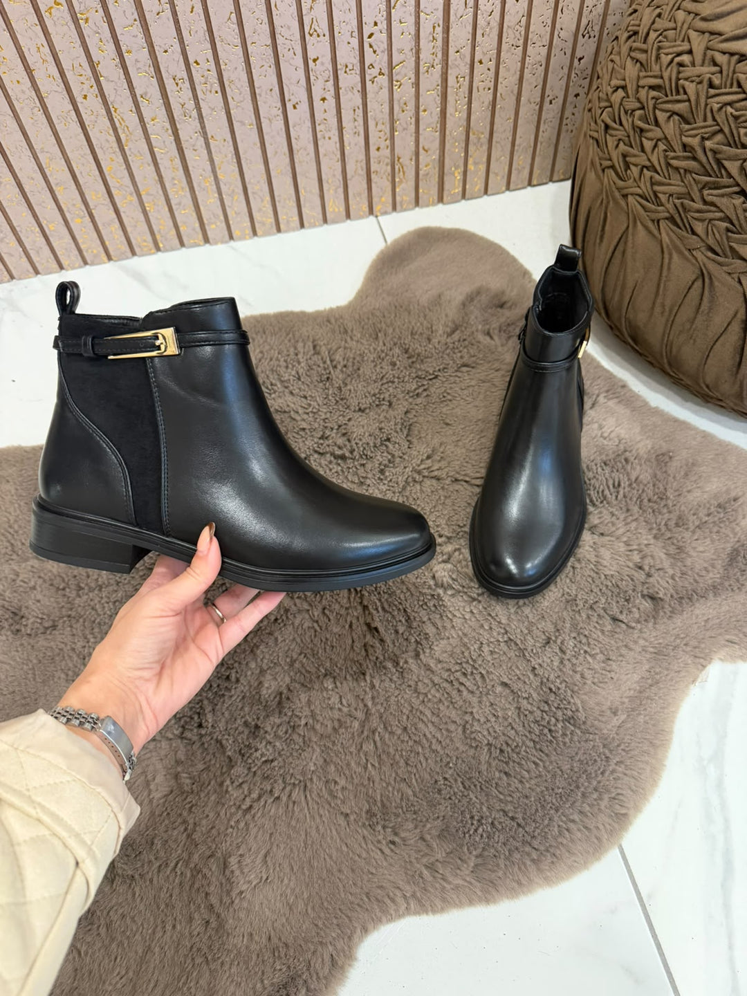 Eleanor Black Boots With Gold Buckle Detail