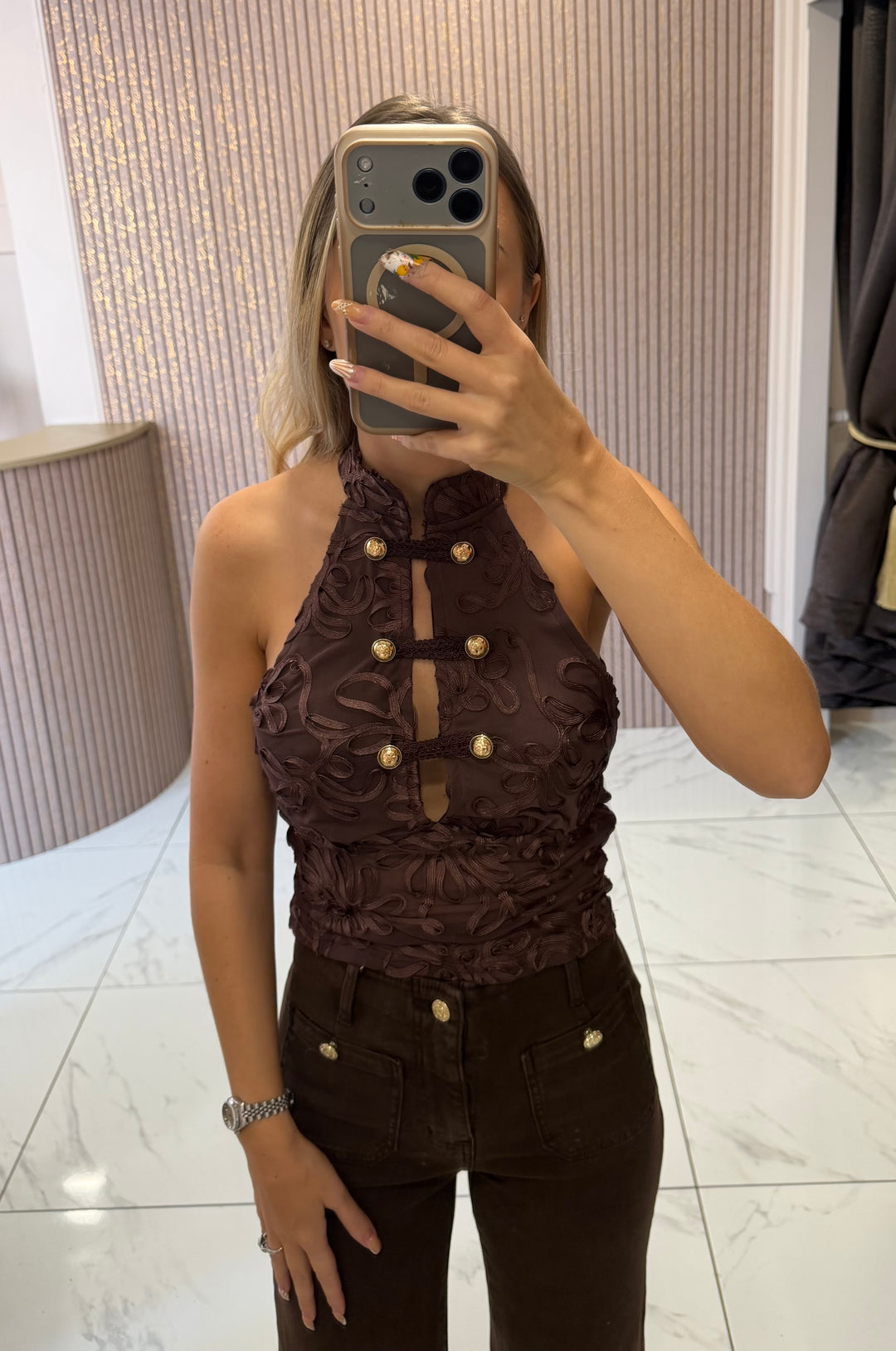 Mya Chocolate Intricate Detail Halter-neck Top