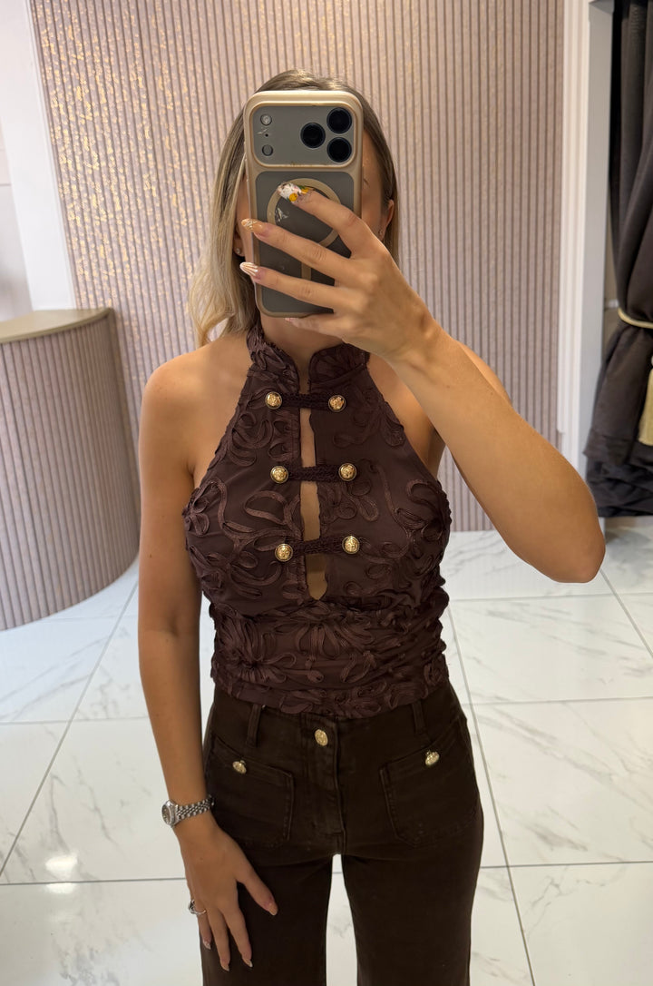 Mya Chocolate Intricate Detail Halter-neck Top