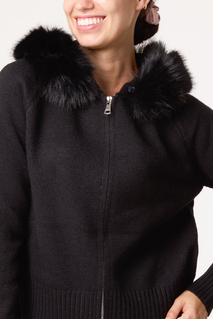 Eliza Black Faux Fur Hooded Zip Up Cardigan