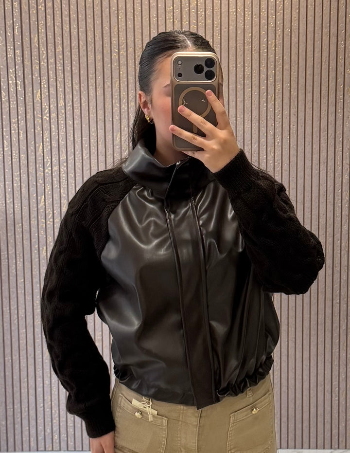 Georgie Chocolate Faux Leather &amp; Cable Knit Jacket