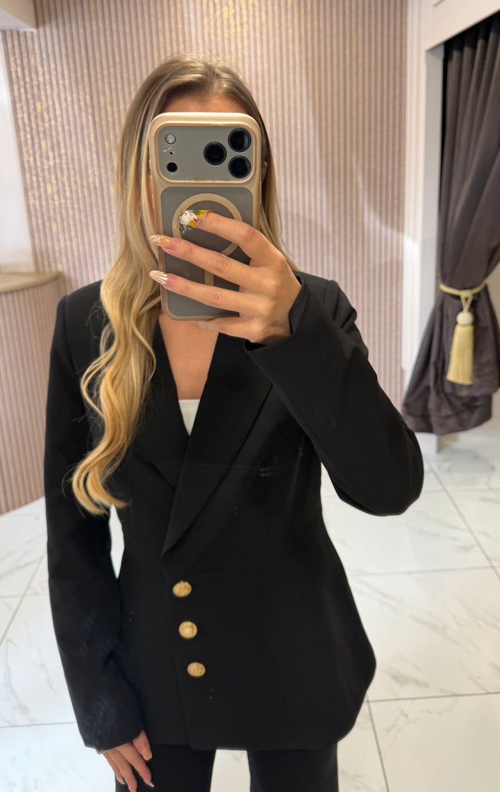 Charlotte Black Structured Blazer With Gold Buttons