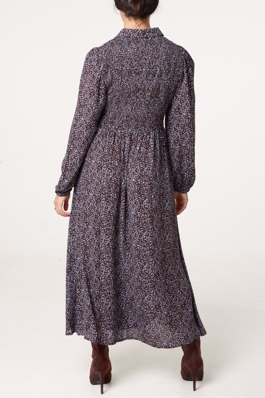 Lydia Long Sleeve Chocolate Print Midi Dress