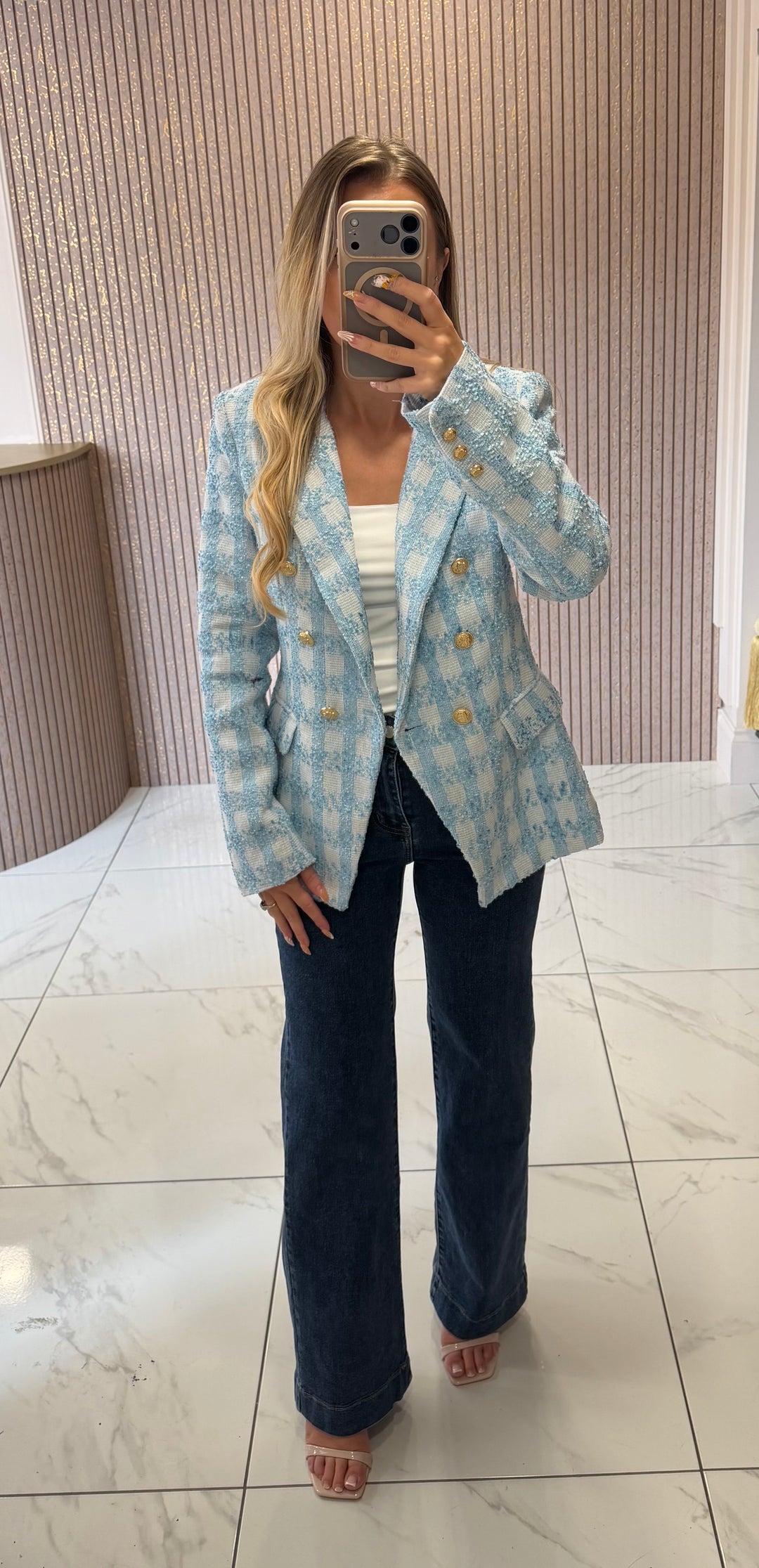 Darcy Blue Double Breasted Tweed Blazer