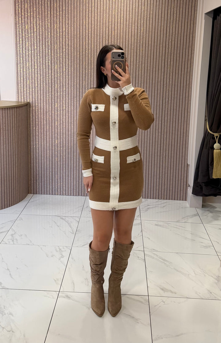 Carrie Camel &amp; White Knit Button Dress