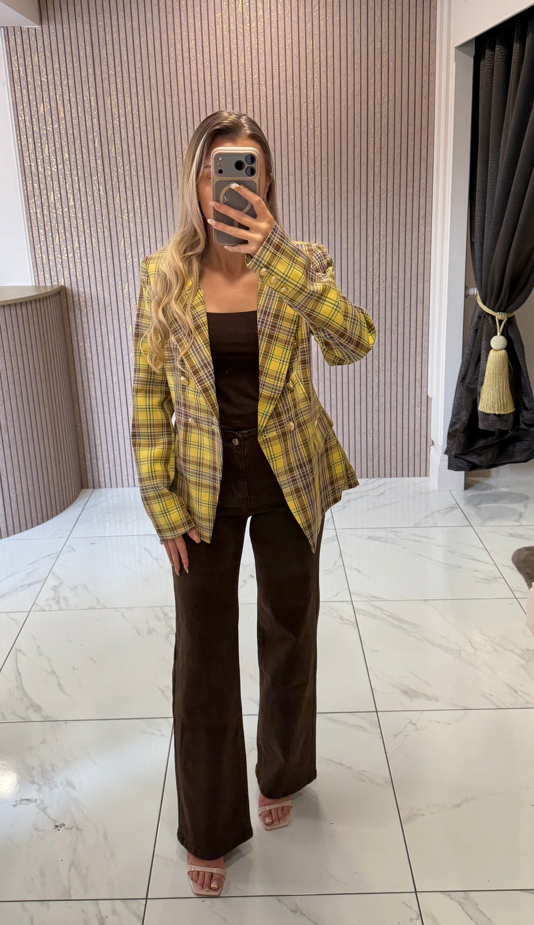 Iona Check Double Breasted Blazer With Gold Buttons