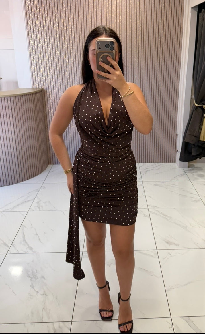 Emily Chocolate Studded Ruched Mini Dress
