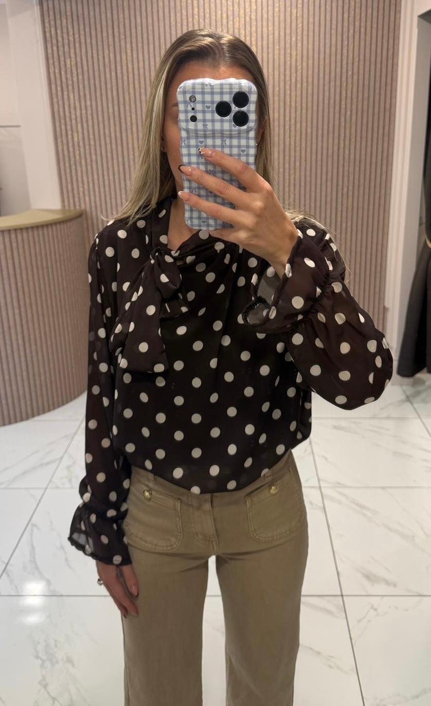 Kelby Chocolate Polka Dot Bow Blouse