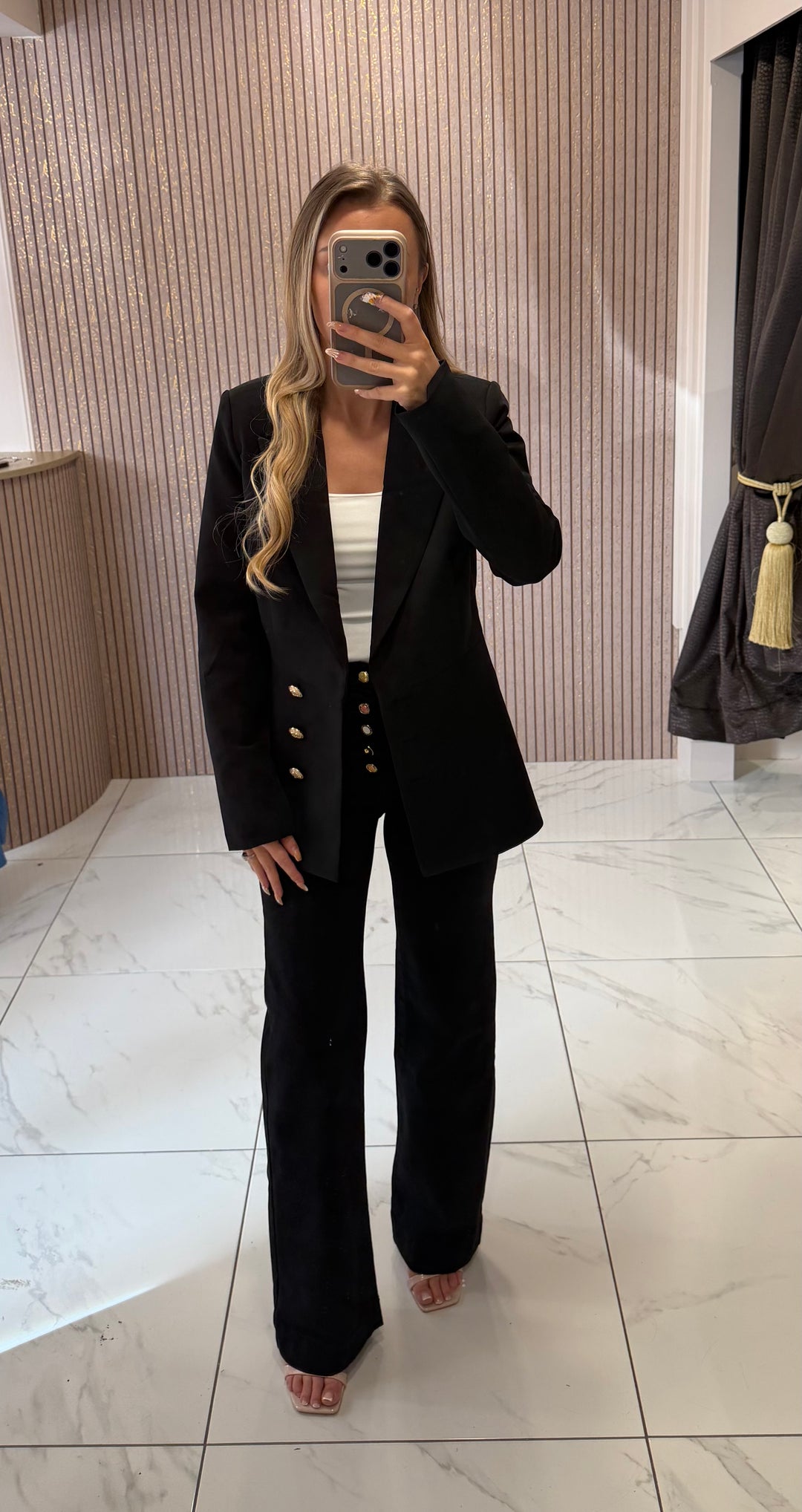 Charlotte Black Structured Blazer With Gold Buttons
